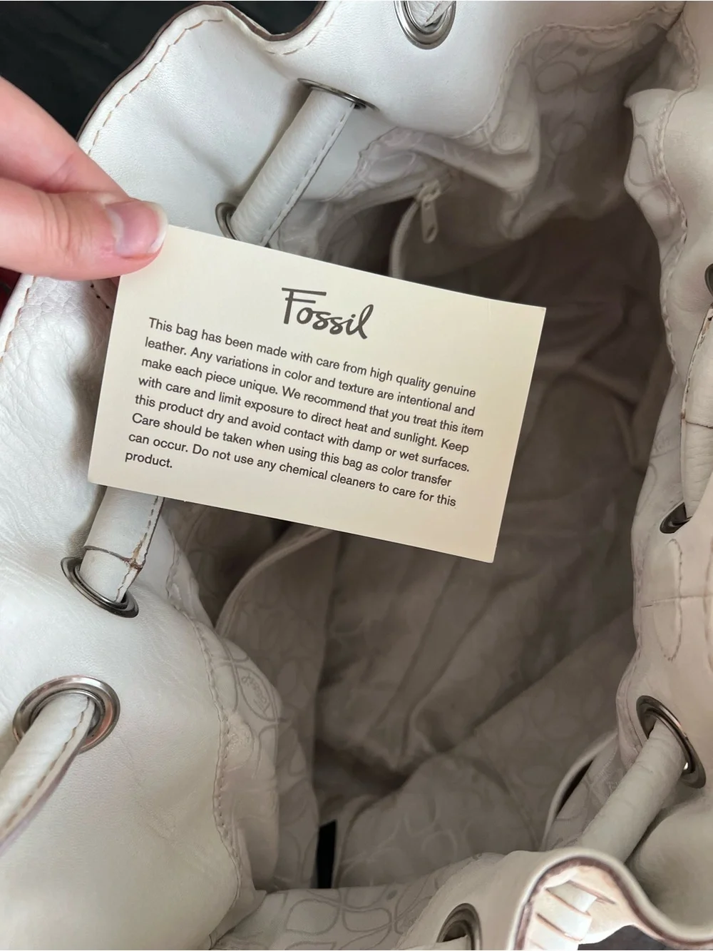 Fossil Cream Leather Cinch Hobo Bag